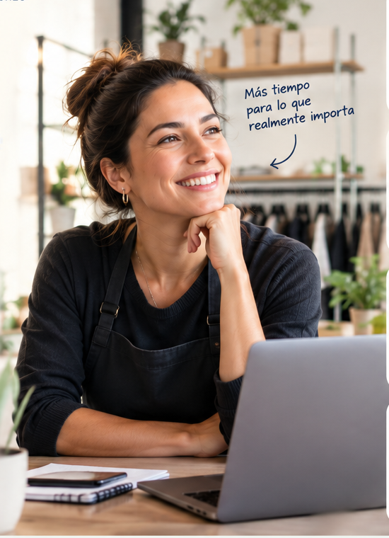 Emprendedora sonriendo frente a su laptop